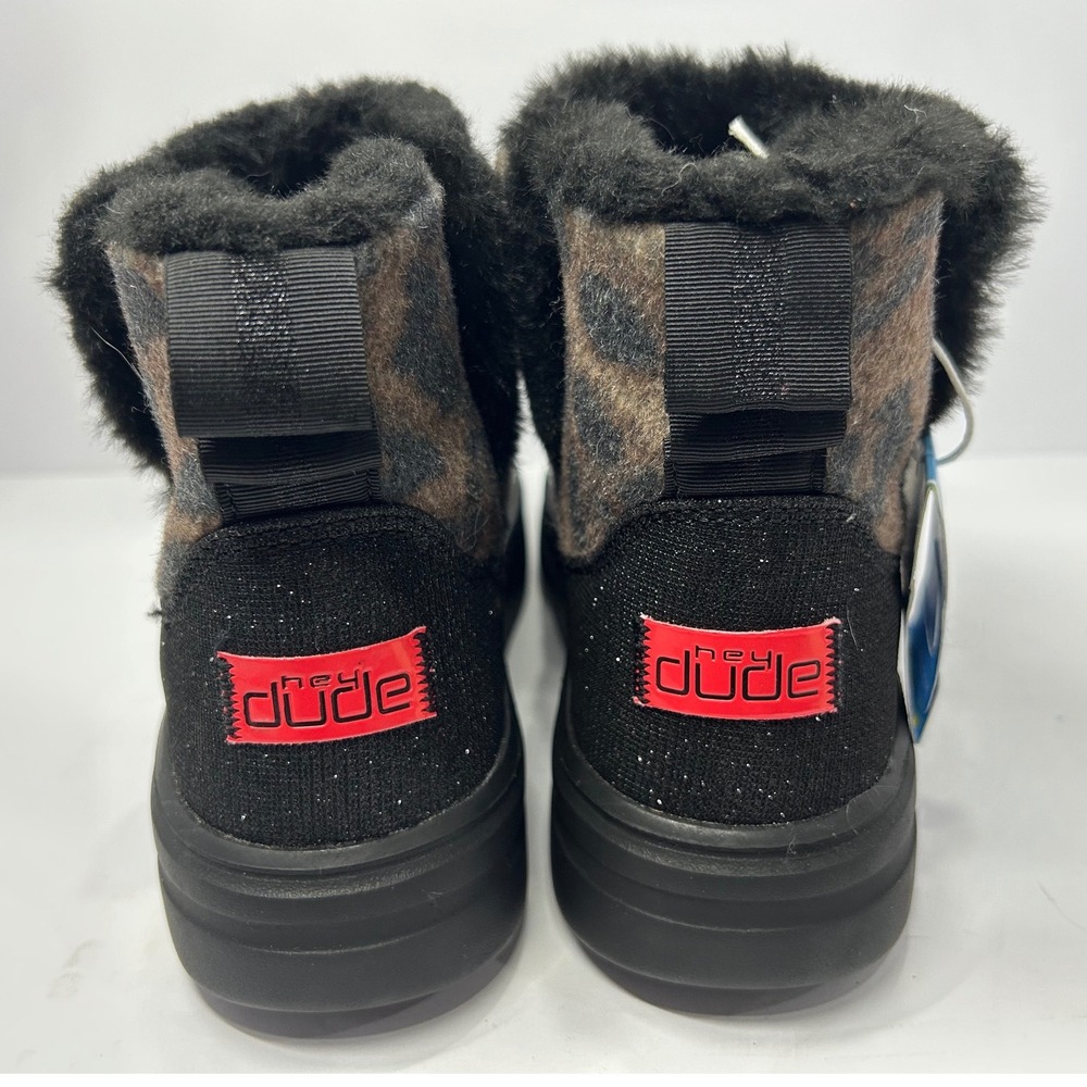 Hey Dude Youth Leopard Black Faux Fur Boots Kids Size 4 Brand New With Tags - Picture 12 of 15